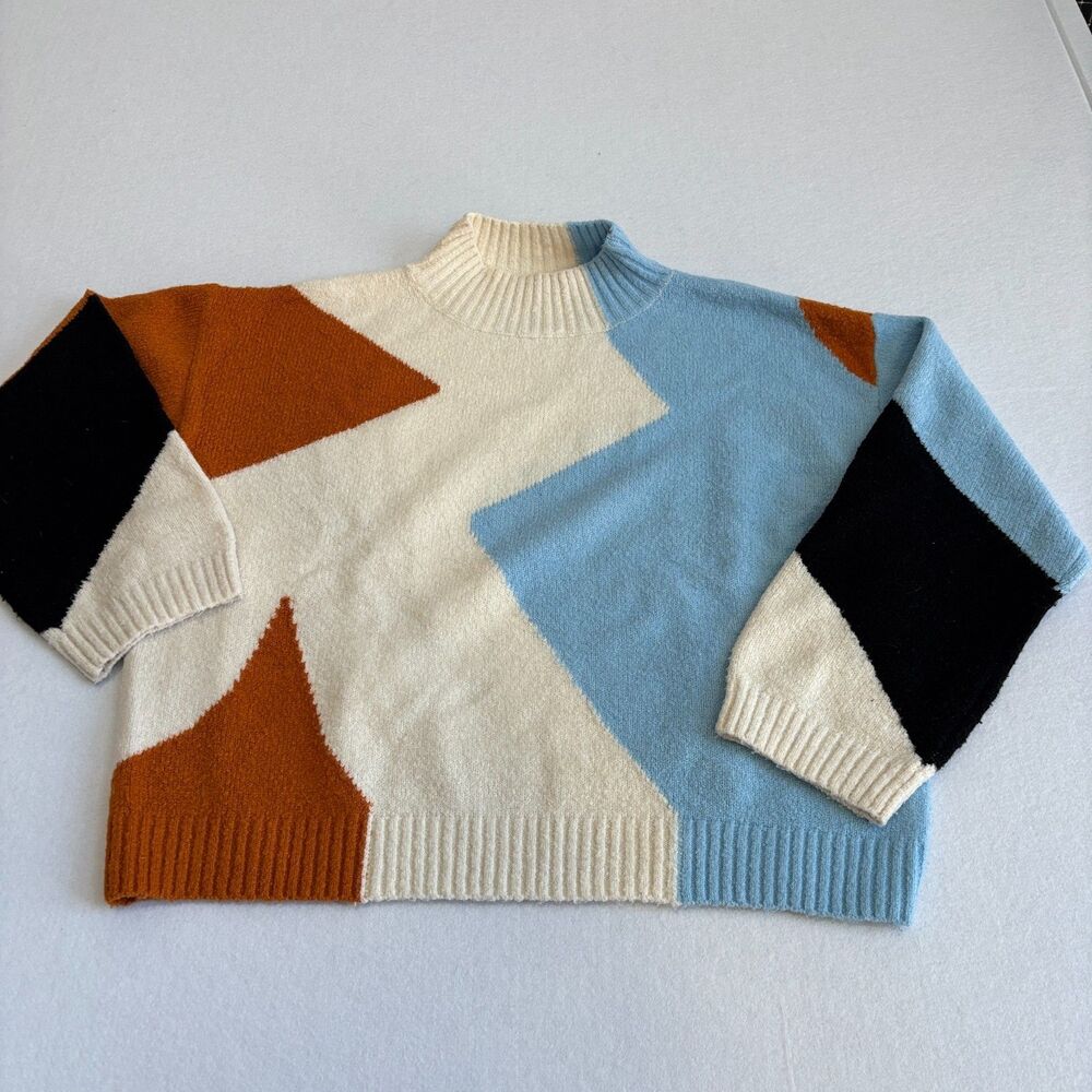 Lush Mock Neck Color Block Sweater Women's M Funky Soft Cozy Oversized Artsy